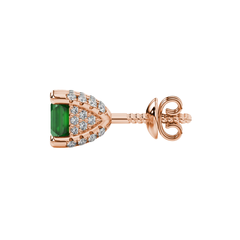 Asscher cut hidden halo stud earrings in gold featuring 5.00 MM gemstones with diamond accented basket setting