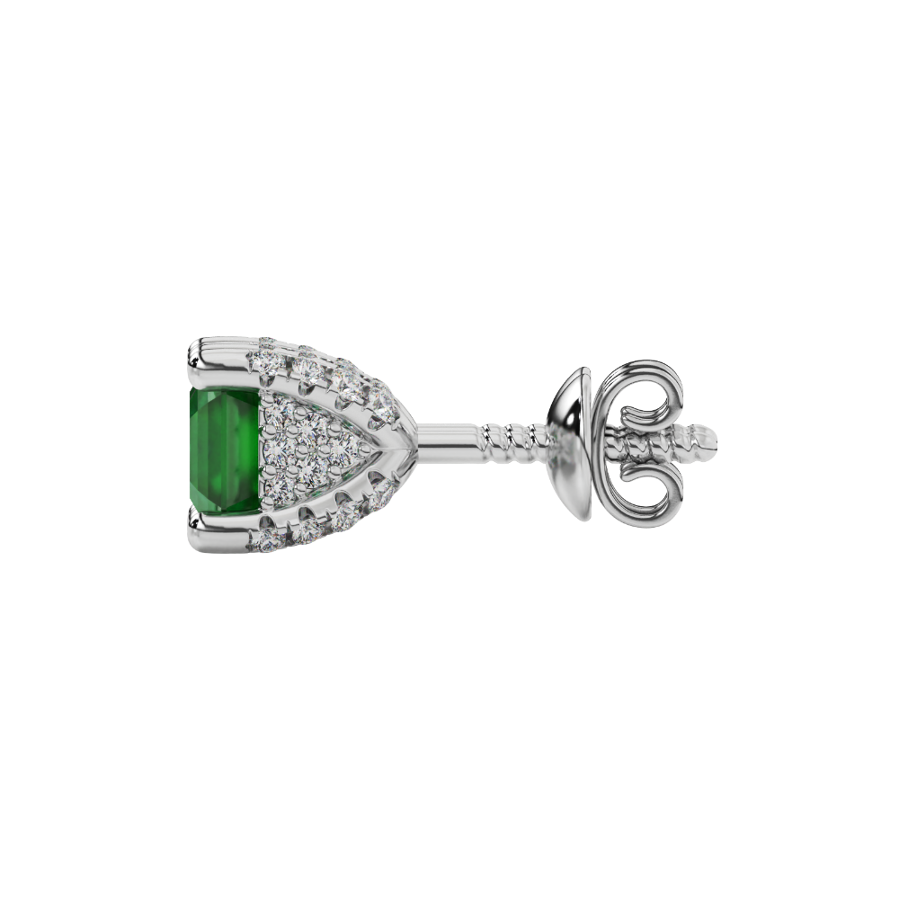 Asscher cut hidden halo stud earrings in gold featuring 5.00 MM gemstones with diamond accented basket setting