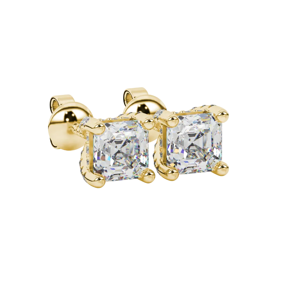 Asscher cut hidden halo stud earrings in gold featuring 5.00 MM gemstones with diamond accented basket setting