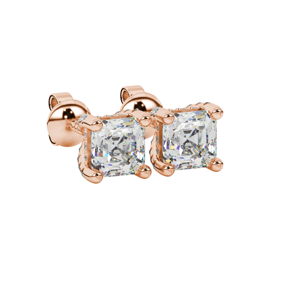 Asscher cut hidden halo stud earrings in gold featuring 5.00 MM gemstones with diamond accented basket setting