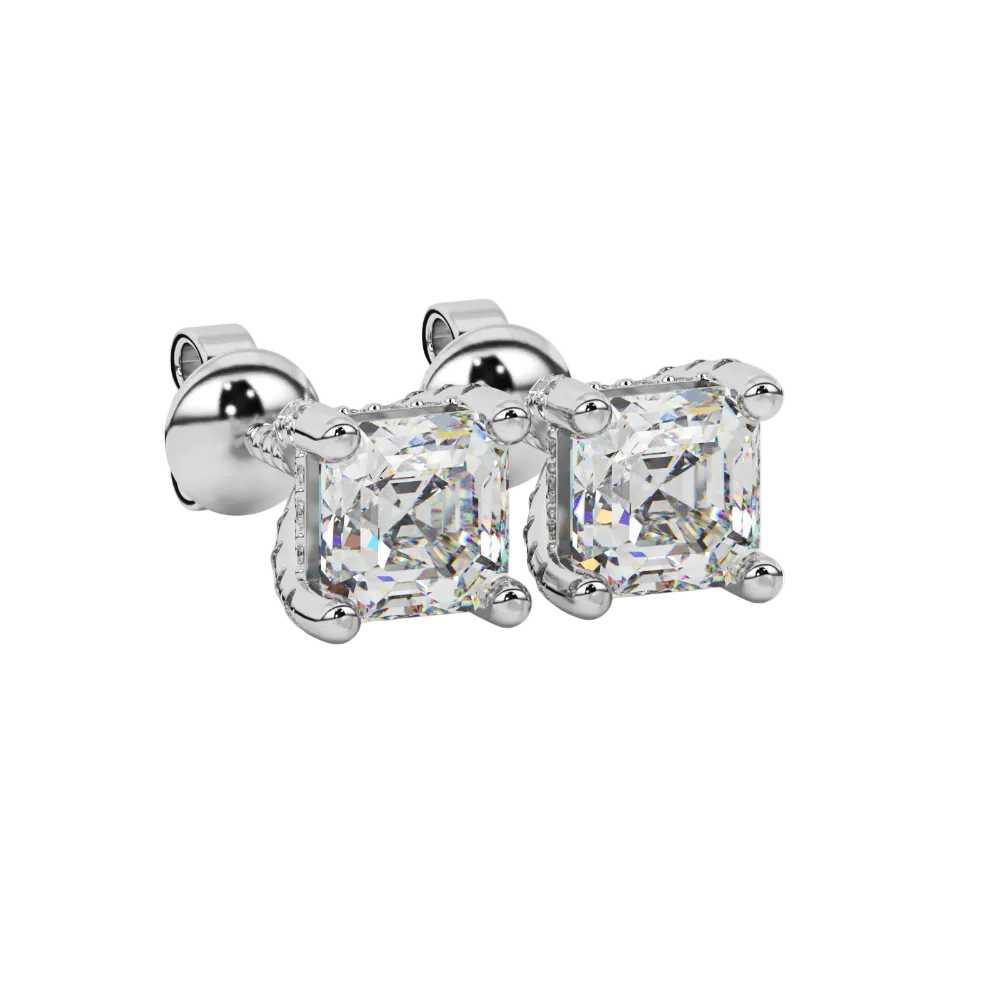 Asscher cut hidden halo stud earrings in gold featuring 5.00 MM gemstones with diamond accented basket setting