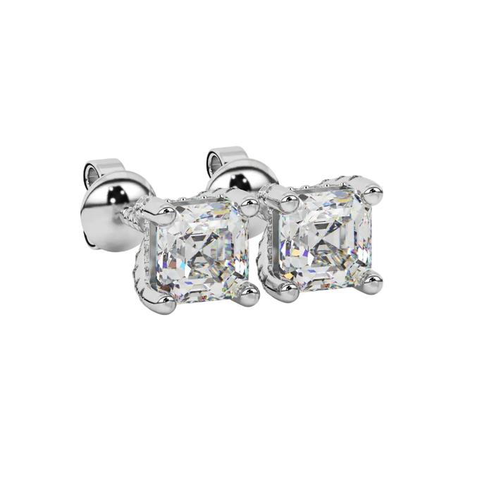 Asscher cut hidden halo stud earrings in gold featuring 5.00 MM gemstones with diamond accented basket setting