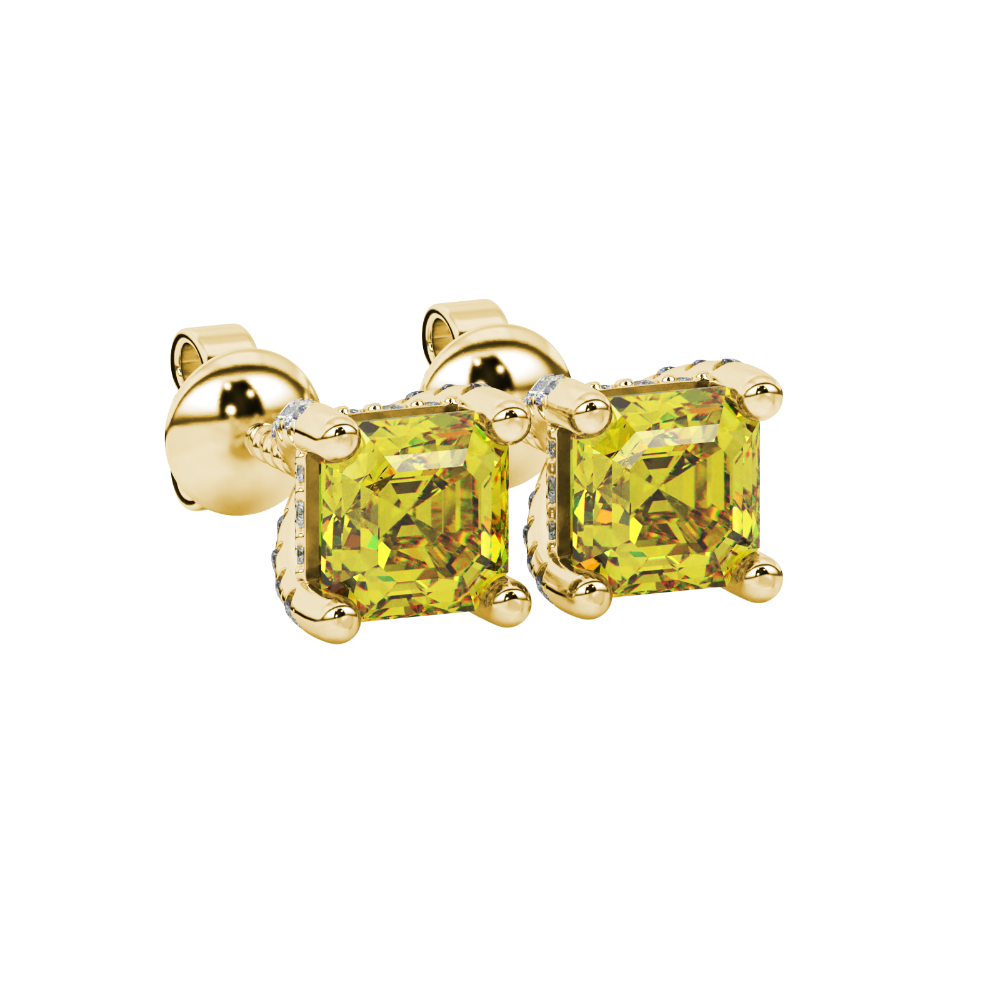 Asscher cut hidden halo stud earrings in gold featuring 5.00 MM gemstones with diamond accented basket setting