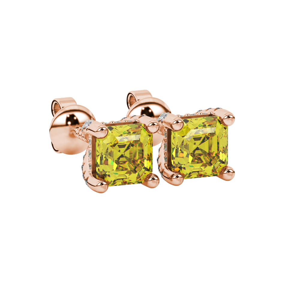 Asscher cut hidden halo stud earrings in gold featuring 5.00 MM gemstones with diamond accented basket setting