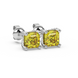 Asscher cut hidden halo stud earrings in gold featuring 5.00 MM gemstones with diamond accented basket setting