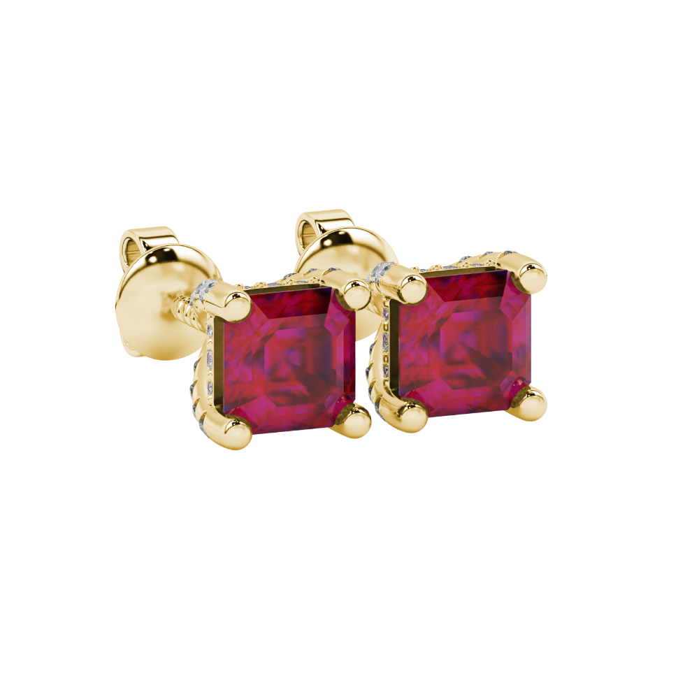 Asscher cut hidden halo stud earrings in gold featuring 5.00 MM gemstones with diamond accented basket setting