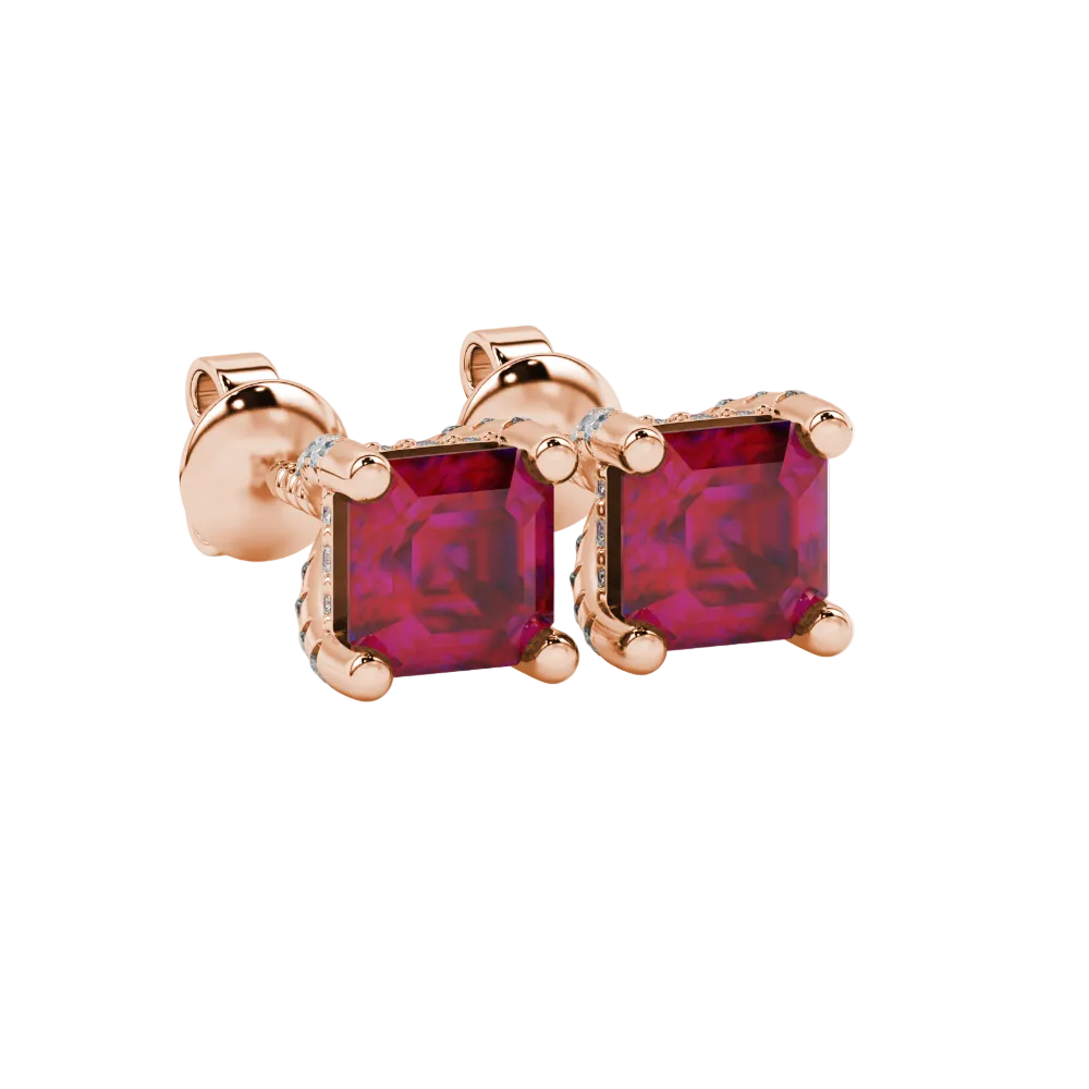 Asscher cut hidden halo stud earrings in gold featuring 5.00 MM gemstones with diamond accented basket setting