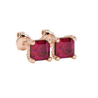Raspberry Red gemstone four-prong pavé basket stud earrings in rose gold
