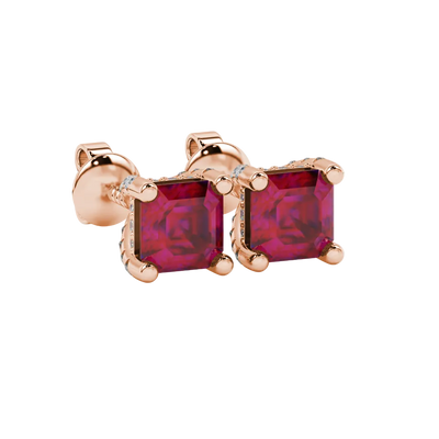 Raspberry Red gemstone four-prong pavé basket stud earrings in rose gold
