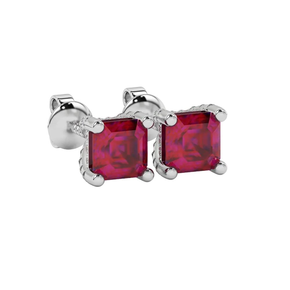 Asscher cut hidden halo stud earrings in gold featuring 5.00 MM gemstones with diamond accented basket setting