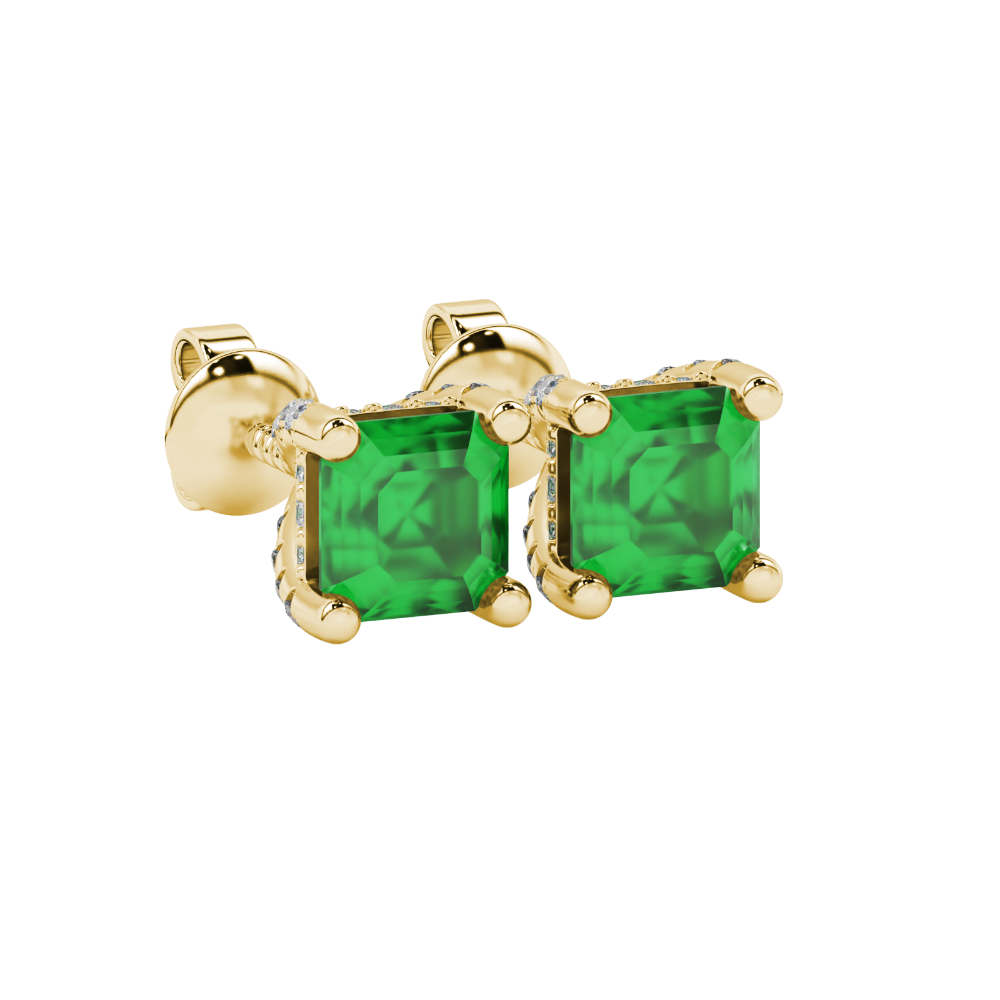 Asscher cut hidden halo stud earrings in gold featuring 5.00 MM gemstones with diamond accented basket setting