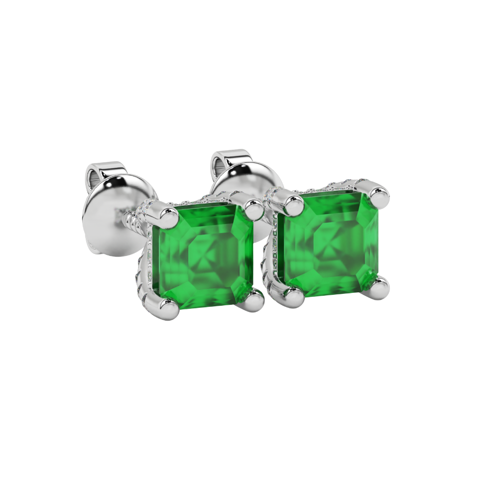 Asscher cut hidden halo stud earrings in gold featuring 5.00 MM gemstones with diamond accented basket setting
