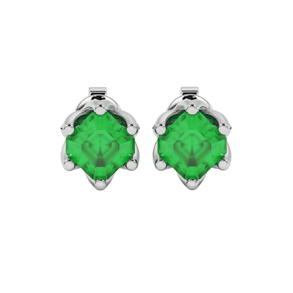 Asscher cut crown stud earrings in gold featuring 5.00 MM gemstones secured in a decorative six-prong crown setting
