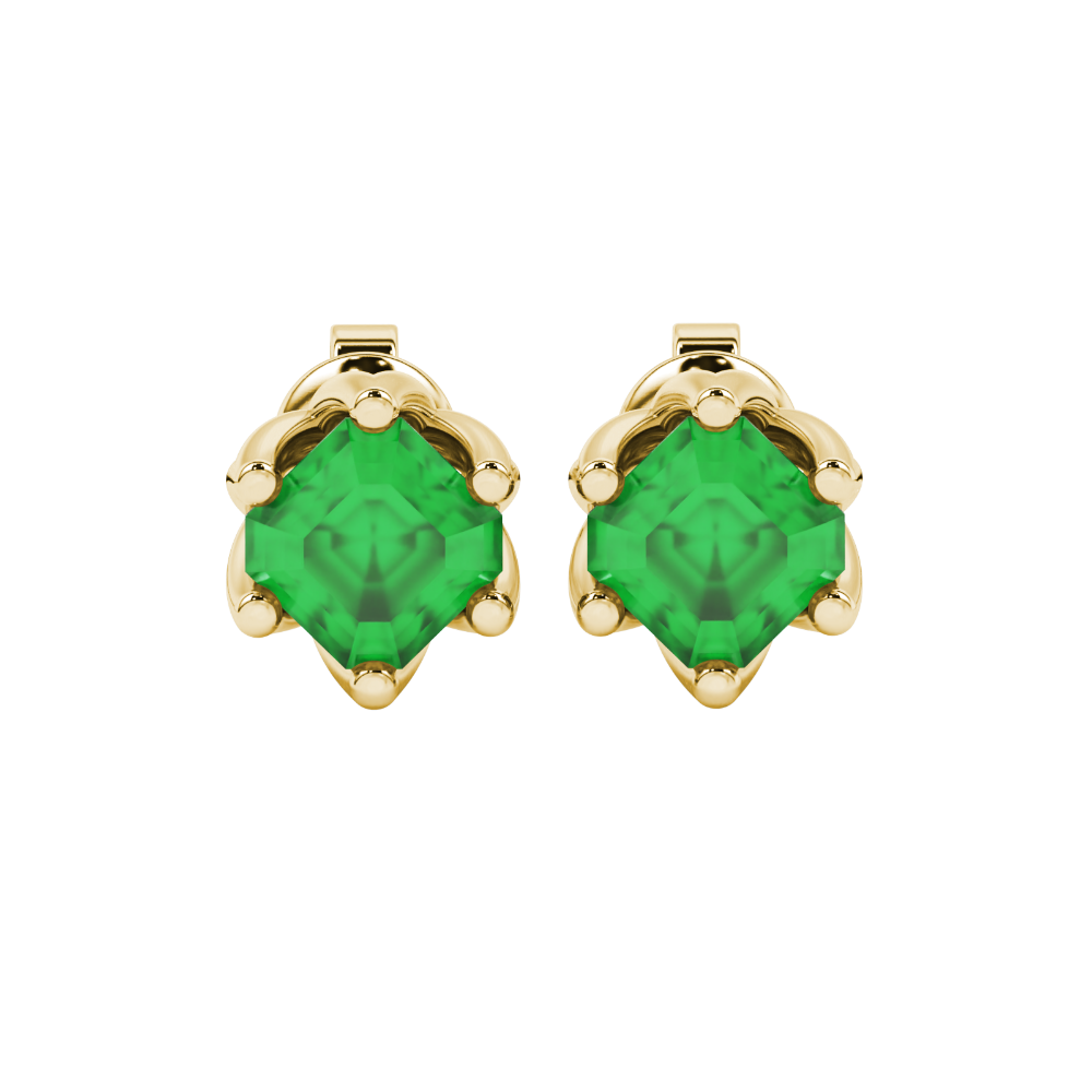 Asscher cut crown stud earrings in gold featuring 5.00 MM gemstones secured in a decorative six-prong crown setting