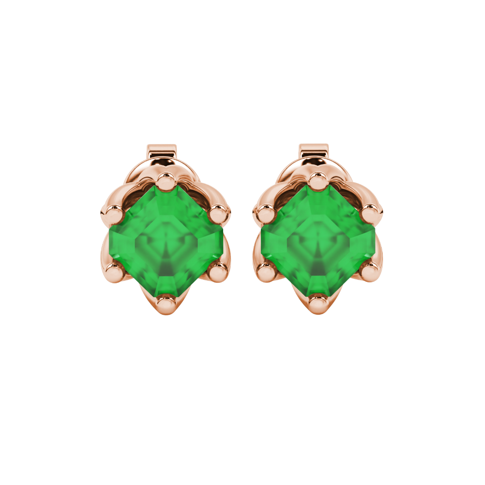 Asscher cut crown stud earrings in gold featuring 5.00 MM gemstones secured in a decorative six-prong crown setting