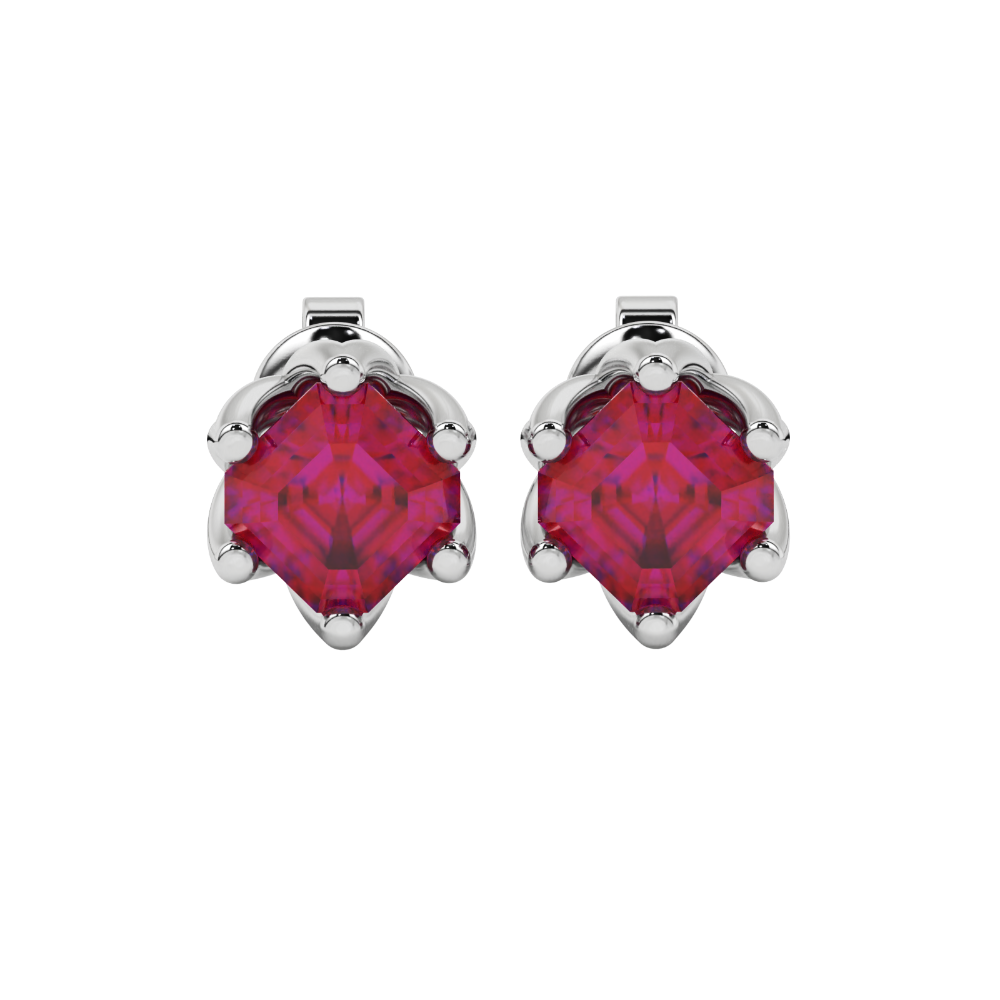 Asscher cut crown stud earrings in gold featuring 5.00 MM gemstones secured in a decorative six-prong crown setting
