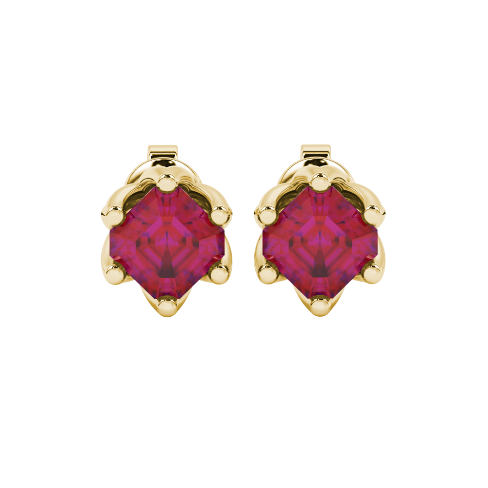 Asscher cut crown stud earrings in gold featuring 5.00 MM gemstones secured in a decorative six-prong crown setting