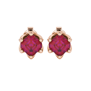 Raspberry Red gemstone eight-prong tulip basket stud earrings in rose gold