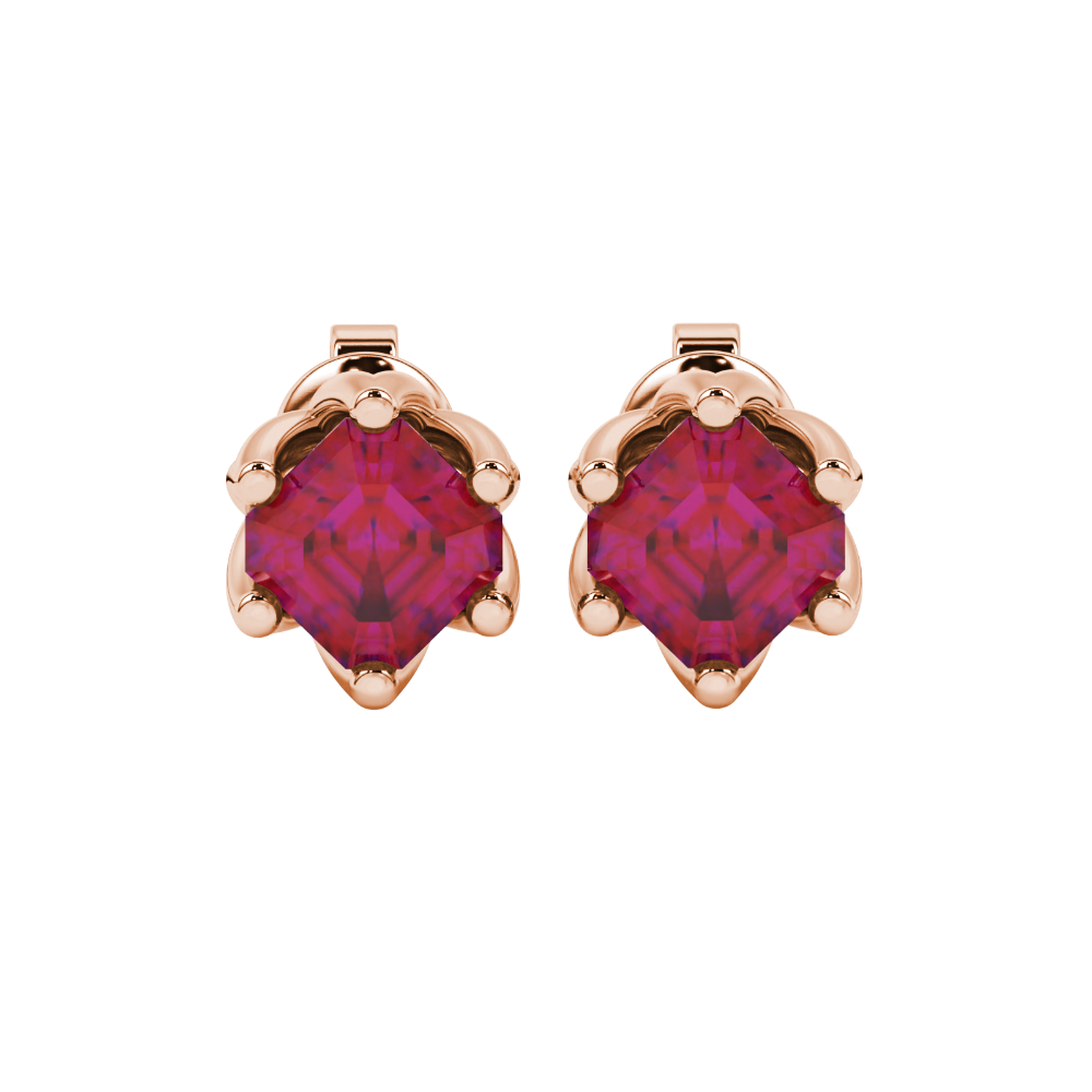 Asscher cut crown stud earrings in gold featuring 5.00 MM gemstones secured in a decorative six-prong crown setting