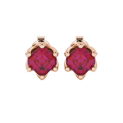 Raspberry Red gemstone eight-prong tulip basket stud earrings in rose gold