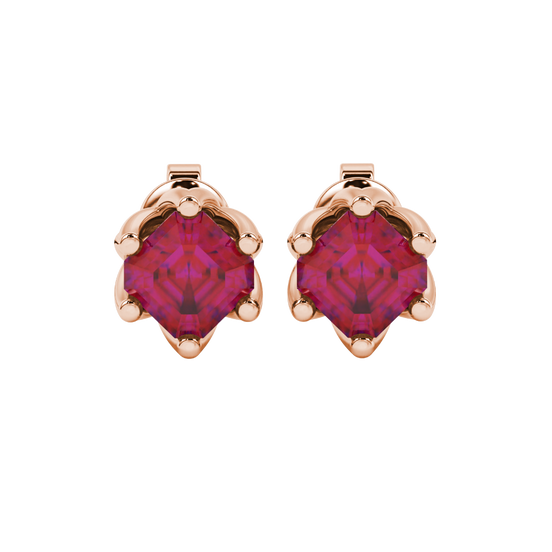 Raspberry Red gemstone eight-prong tulip basket stud earrings in rose gold