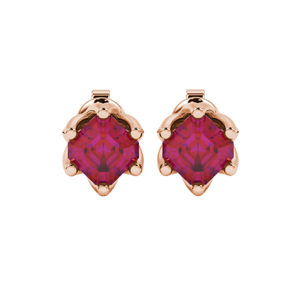 Asscher cut crown stud earrings in gold featuring 5.00 MM gemstones secured in a decorative six-prong crown setting