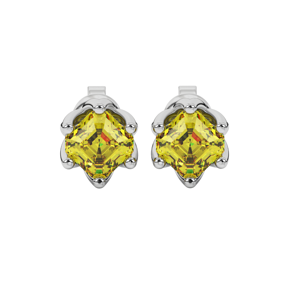 Asscher cut crown stud earrings in gold featuring 5.00 MM gemstones secured in a decorative six-prong crown setting