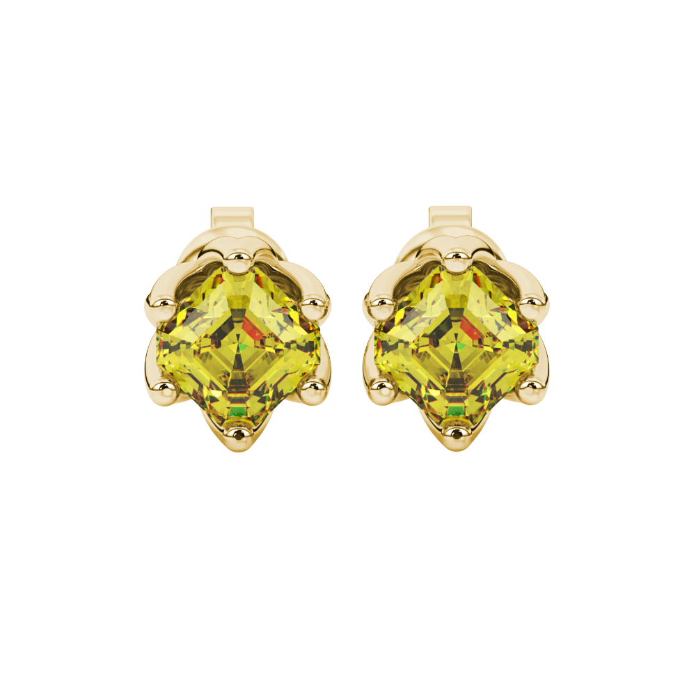 Asscher cut crown stud earrings in gold featuring 5.00 MM gemstones secured in a decorative six-prong crown setting