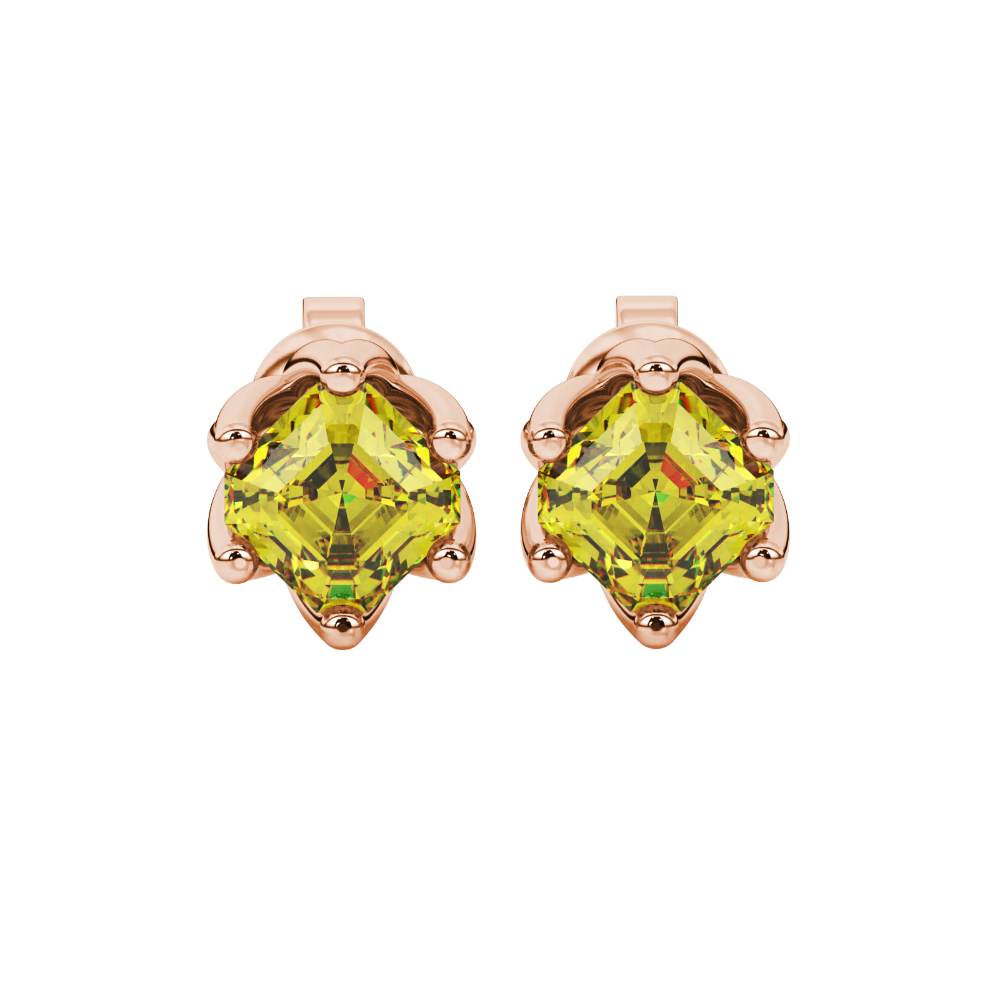 Asscher cut crown stud earrings in gold featuring 5.00 MM gemstones secured in a decorative six-prong crown setting