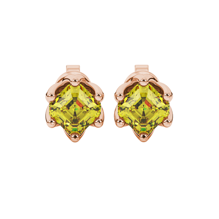 Asscher cut crown stud earrings in gold featuring 5.00 MM gemstones secured in a decorative six-prong crown setting