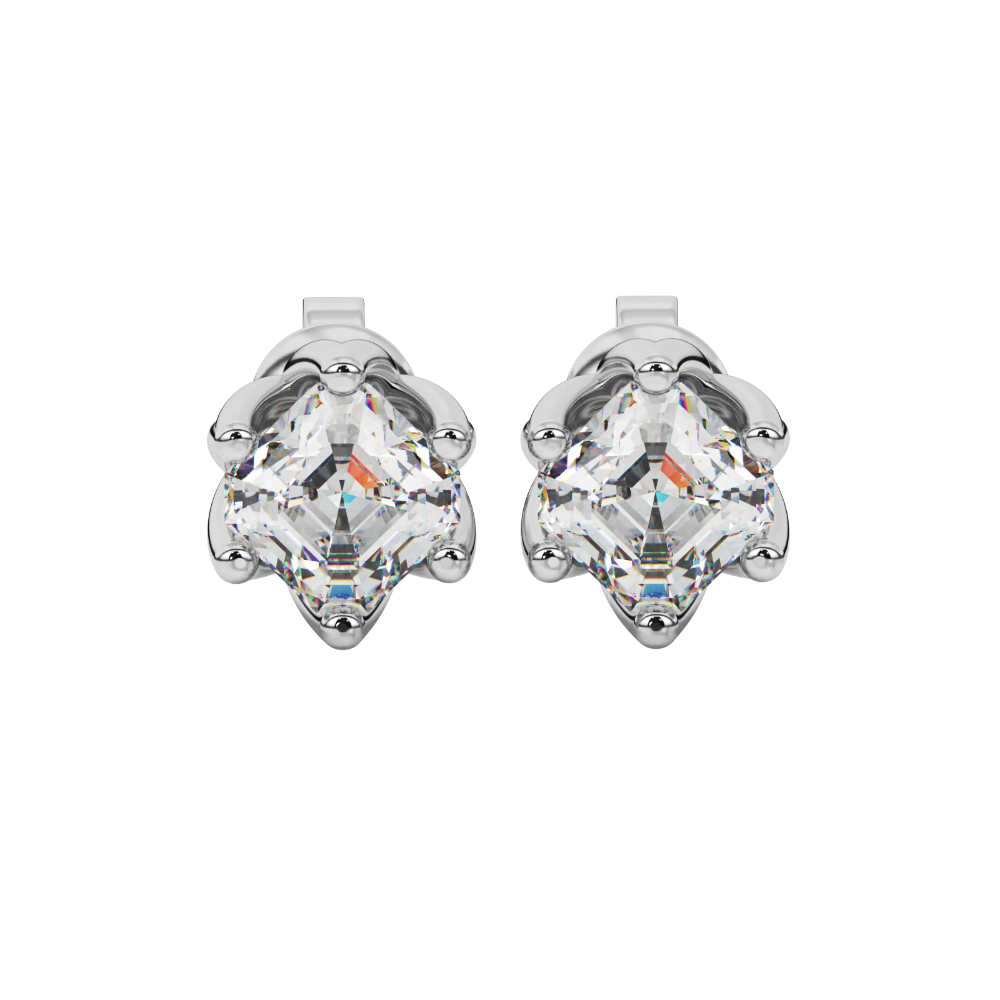 Asscher cut crown stud earrings in gold featuring 5.00 MM gemstones secured in a decorative six-prong crown setting