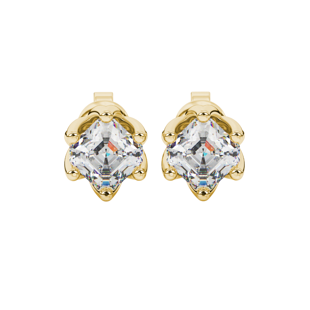 Asscher cut crown stud earrings in gold featuring 5.00 MM gemstones secured in a decorative six-prong crown setting