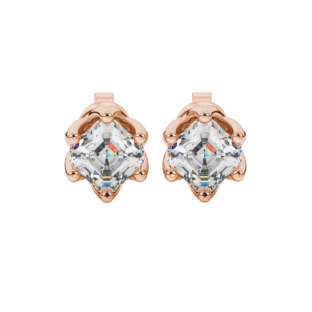 Asscher cut crown stud earrings in gold featuring 5.00 MM gemstones secured in a decorative six-prong crown setting