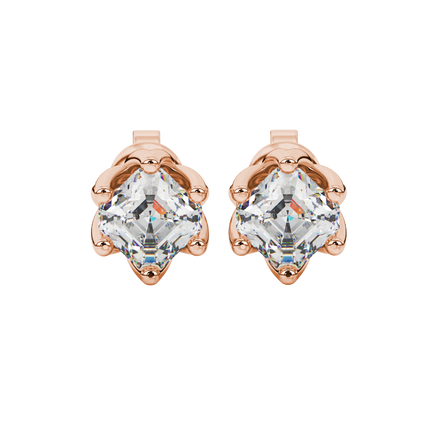 Asscher cut crown stud earrings in gold featuring 5.00 MM gemstones secured in a decorative six-prong crown setting