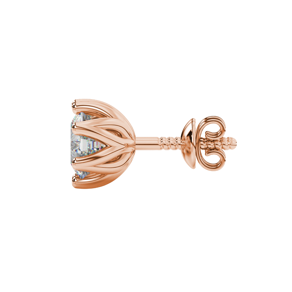 Asscher cut crown stud earrings in gold featuring 5.00 MM gemstones secured in a decorative six-prong crown setting