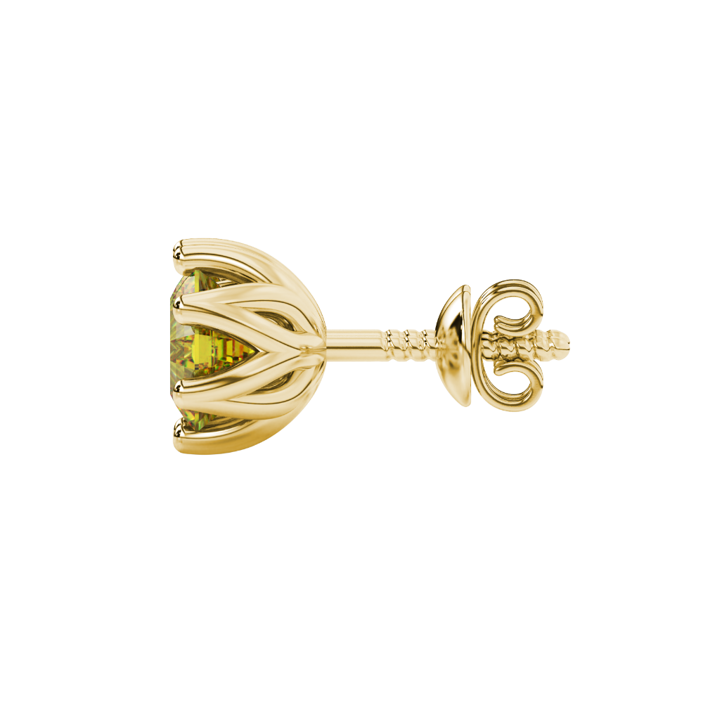 Asscher cut crown stud earrings in gold featuring 5.00 MM gemstones secured in a decorative six-prong crown setting