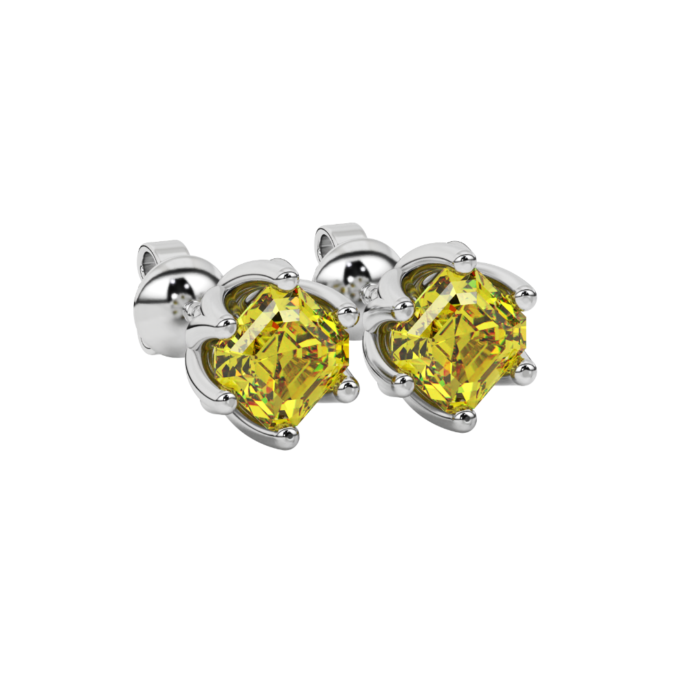 Asscher cut crown stud earrings in gold featuring 5.00 MM gemstones secured in a decorative six-prong crown setting