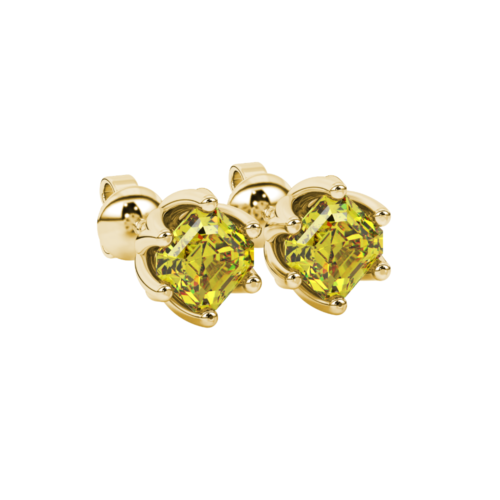 Asscher cut crown stud earrings in gold featuring 5.00 MM gemstones secured in a decorative six-prong crown setting