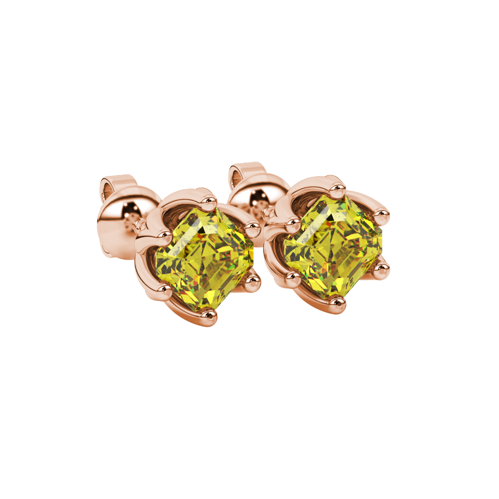 Asscher cut crown stud earrings in gold featuring 5.00 MM gemstones secured in a decorative six-prong crown setting
