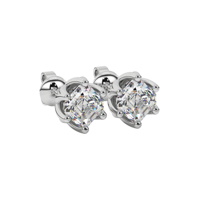Asscher cut crown stud earrings in gold featuring 5.00 MM gemstones secured in a decorative six-prong crown setting