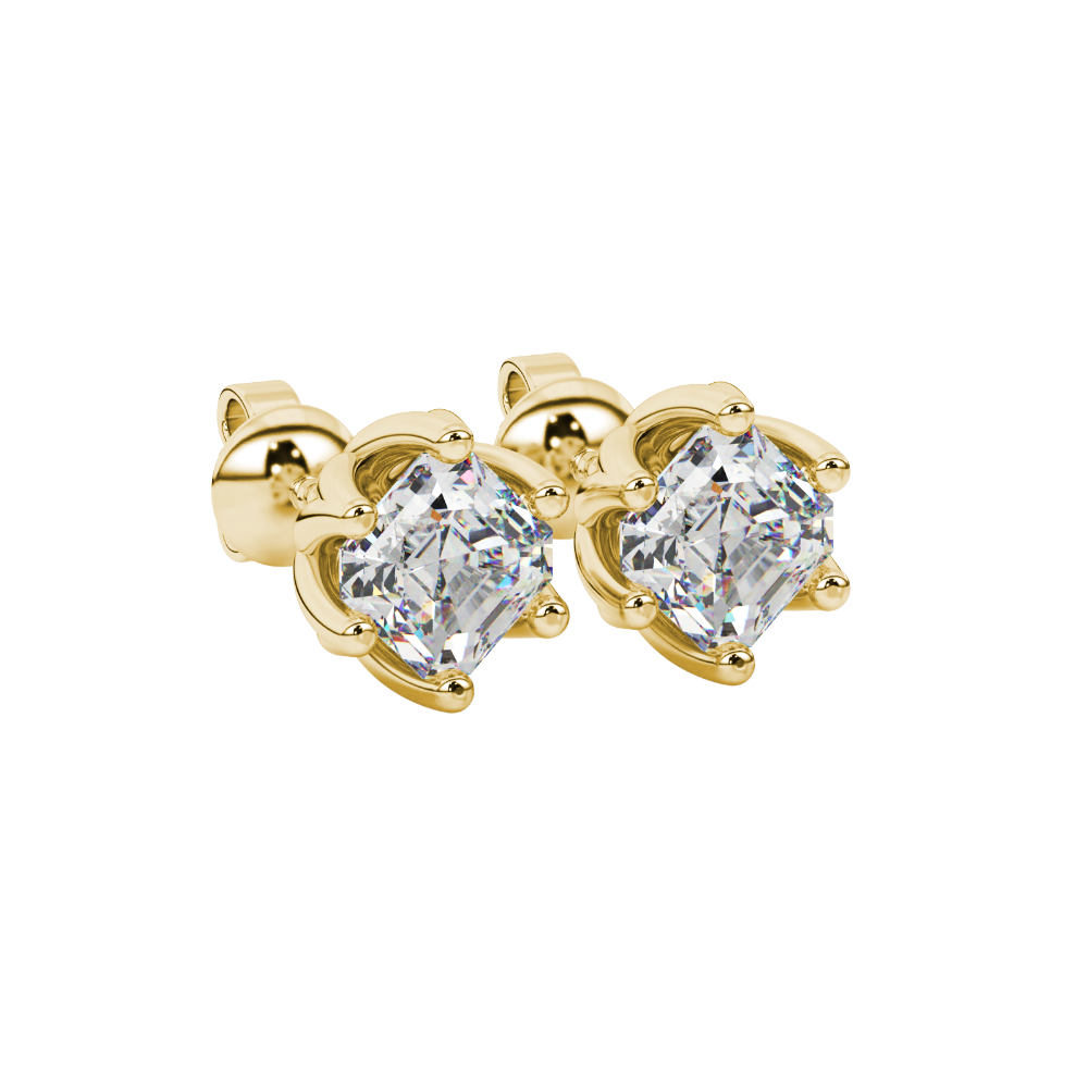 Asscher cut crown stud earrings in gold featuring 5.00 MM gemstones secured in a decorative six-prong crown setting