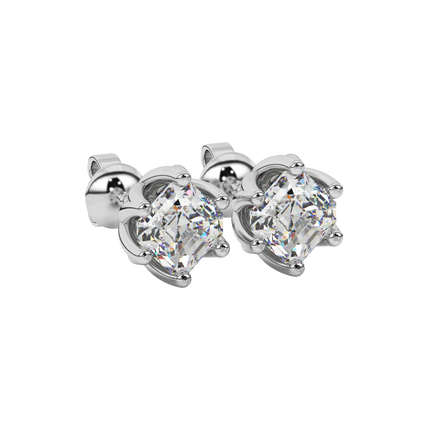 Asscher cut crown stud earrings in gold featuring 5.00 MM gemstones secured in a decorative six-prong crown setting