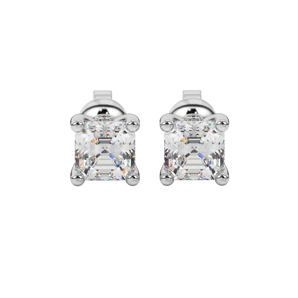 Hidden halo Asscher cut solitaire stud earrings featuring 5.00 MM gemstones in a four-prong gold setting