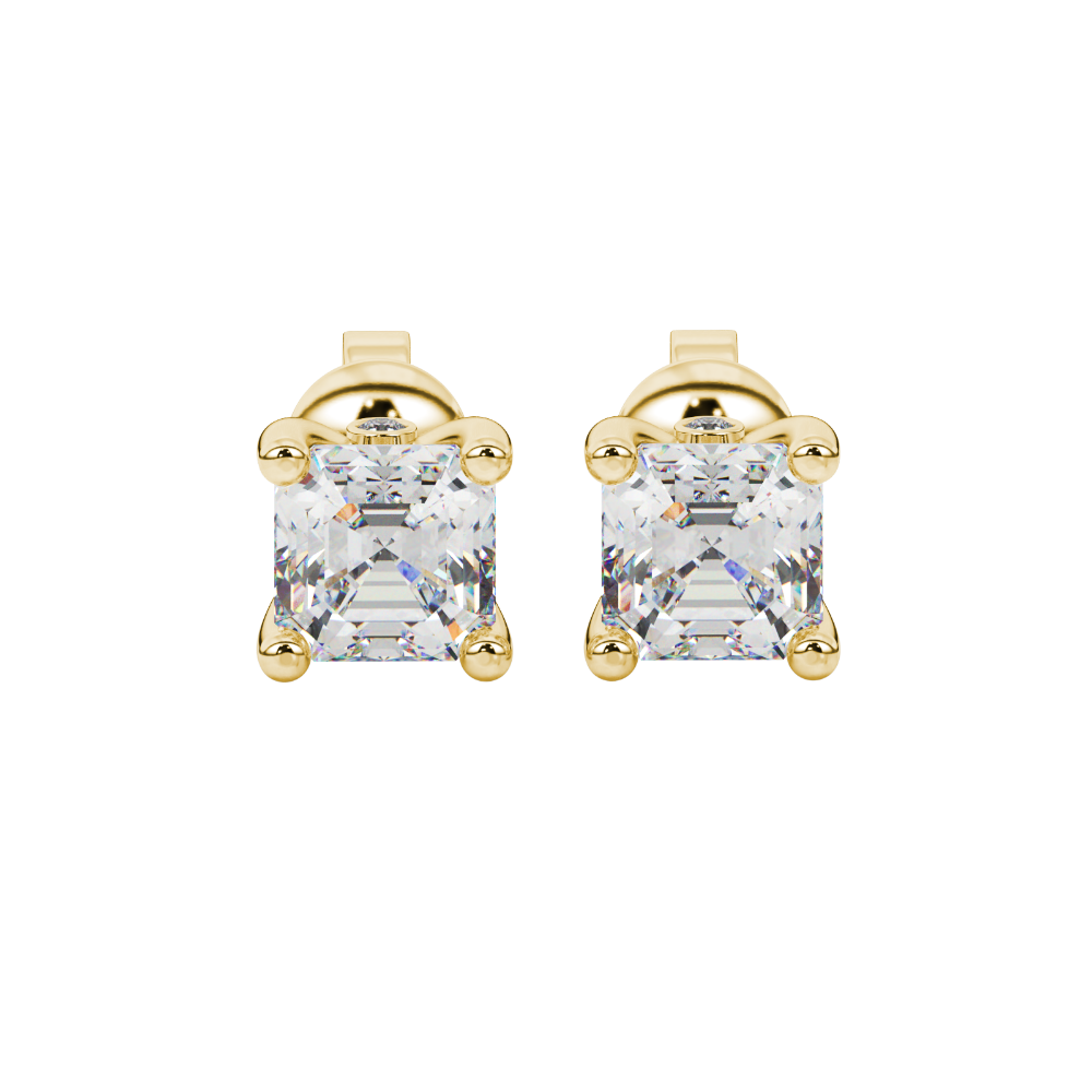 Hidden halo Asscher cut solitaire stud earrings featuring 5.00 MM gemstones in a four-prong gold setting