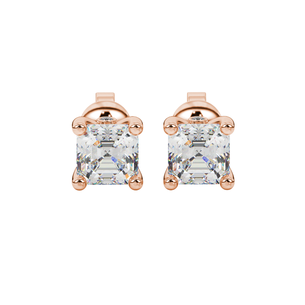 Hidden halo Asscher cut solitaire stud earrings featuring 5.00 MM gemstones in a four-prong gold setting