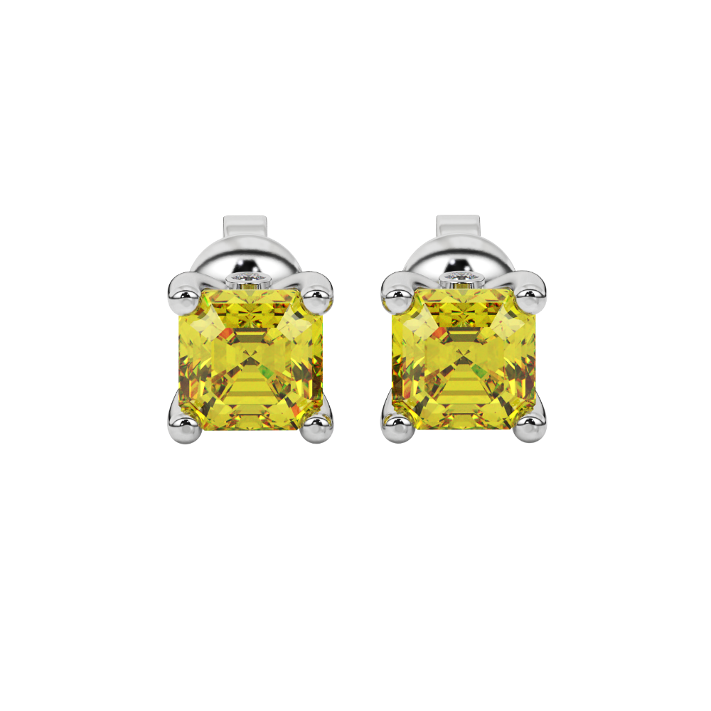 Hidden halo Asscher cut solitaire stud earrings featuring 5.00 MM gemstones in a four-prong gold setting