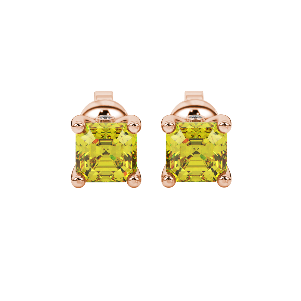 Hidden halo Asscher cut solitaire stud earrings featuring 5.00 MM gemstones in a four-prong gold setting