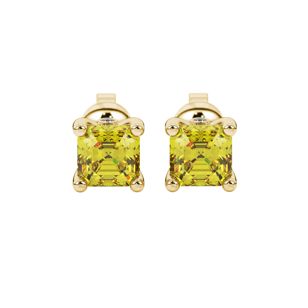 Hidden halo Asscher cut solitaire stud earrings featuring 5.00 MM gemstones in a four-prong gold setting