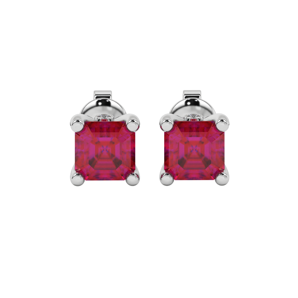 Hidden halo Asscher cut solitaire stud earrings featuring 5.00 MM gemstones in a four-prong gold setting