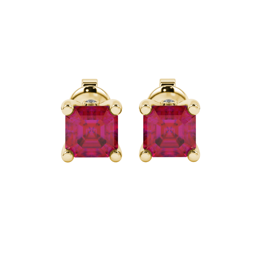 Hidden halo Asscher cut solitaire stud earrings featuring 5.00 MM gemstones in a four-prong gold setting